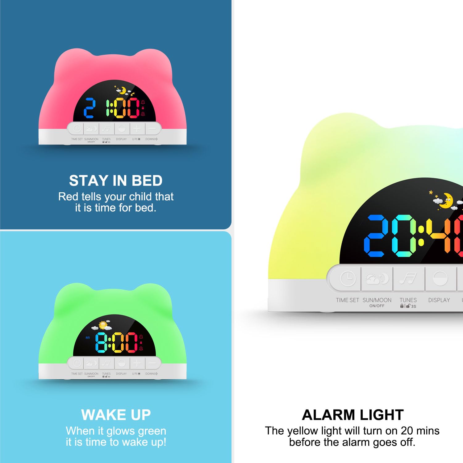 Azyh alarm clock shows green wake light for gentle mornings.