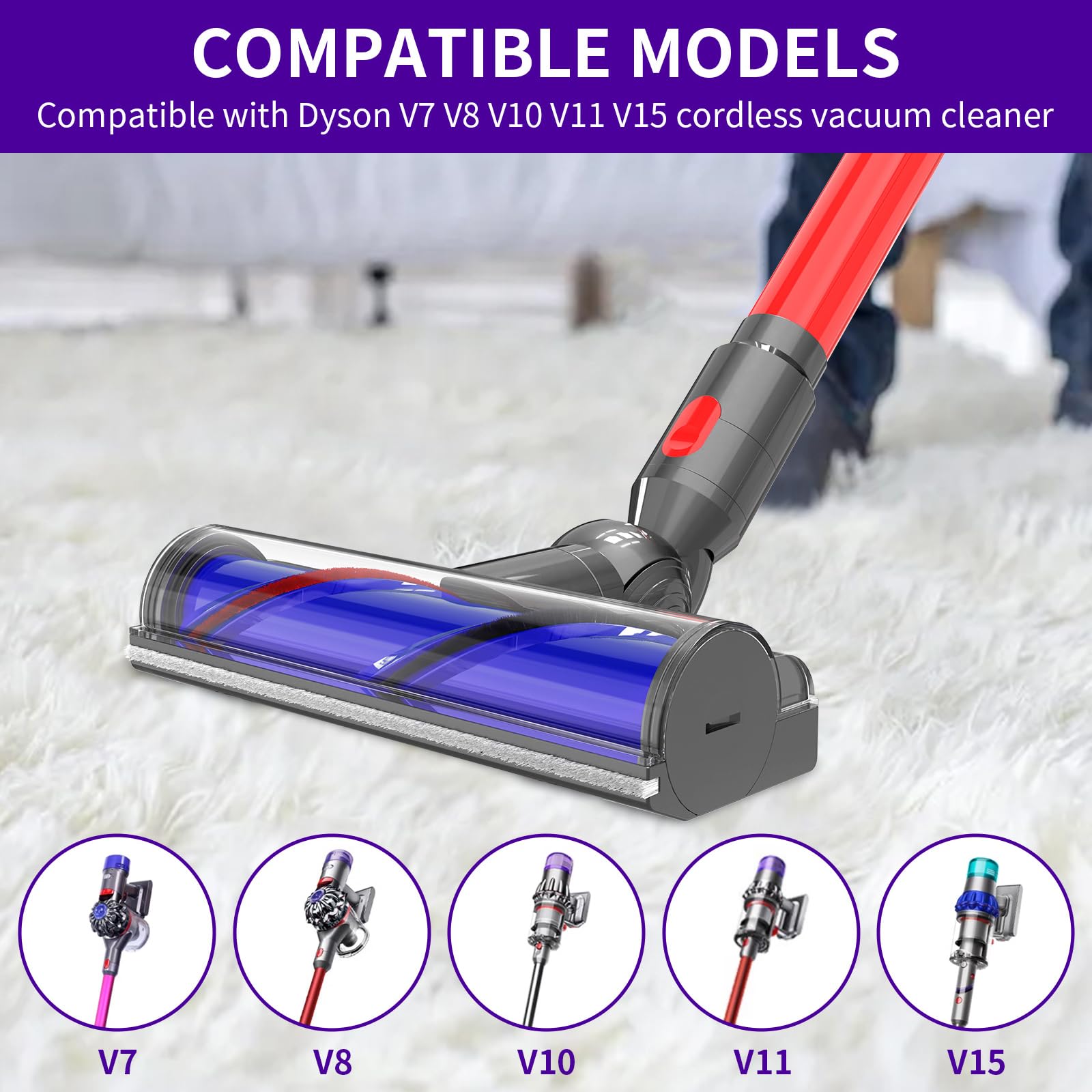AZYM direct-drive roller brush cleans hardwood and carpets efficiently
