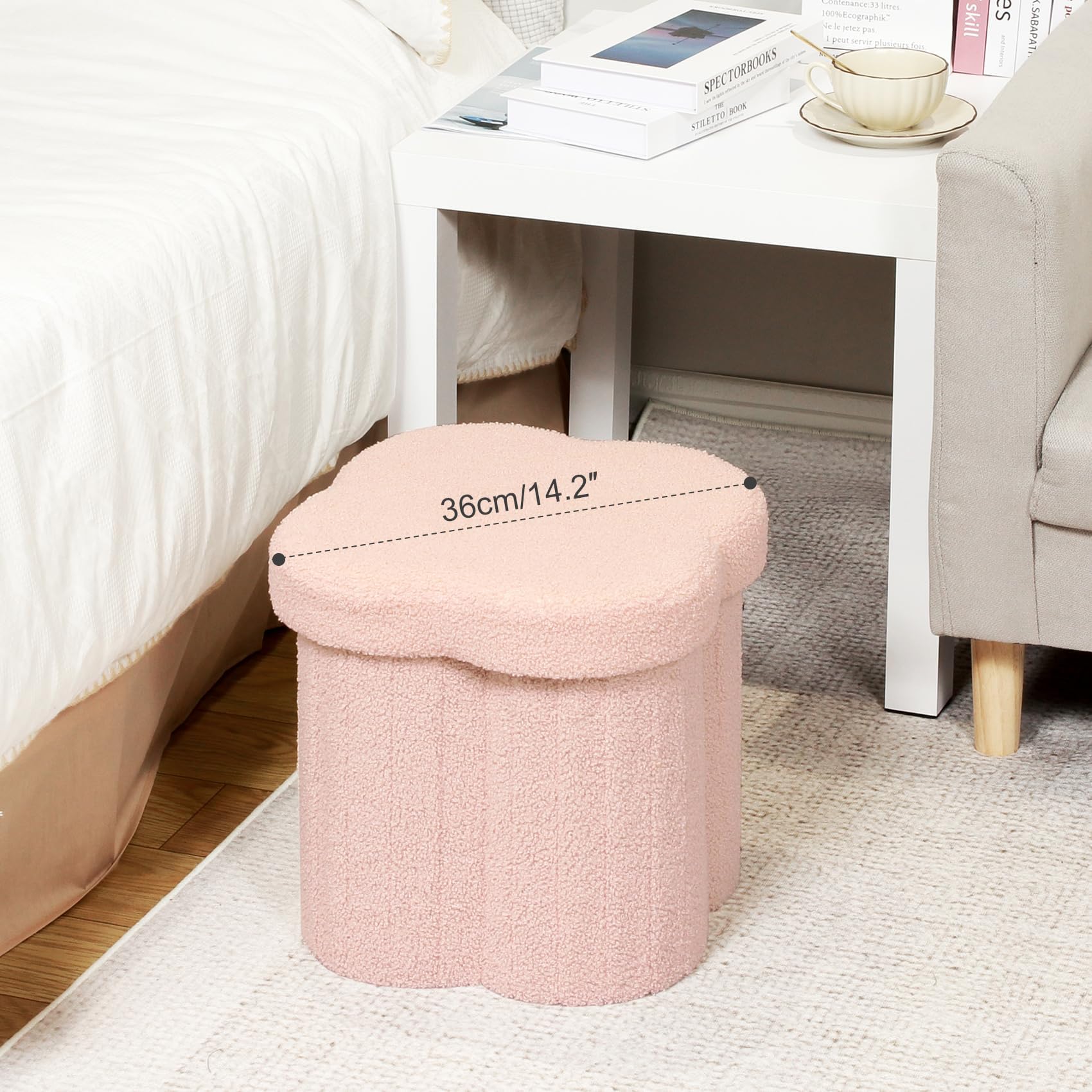 B FSOBEIIALEO pink floral ottoman seat provides soft faux fur comfort.