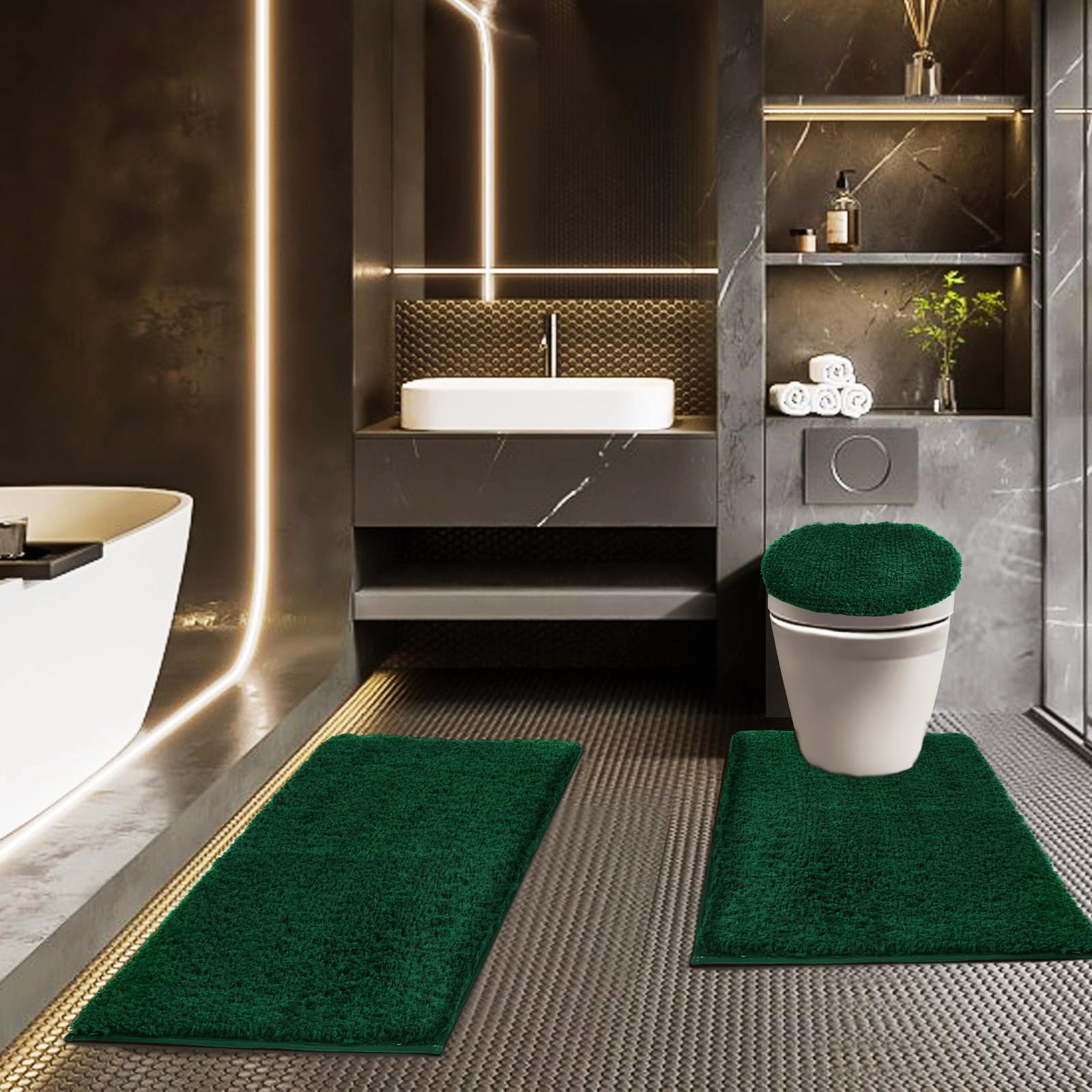 Baahrnom bathroom rug set 3-piece displayed in a modern bathroom for cozy comfort.