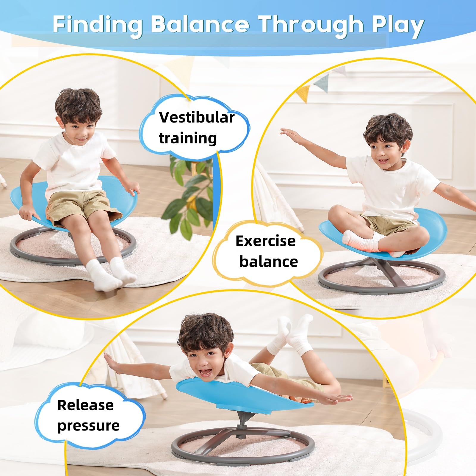 BABAMU Spinning Chair blue side view with stable anti-slip base.