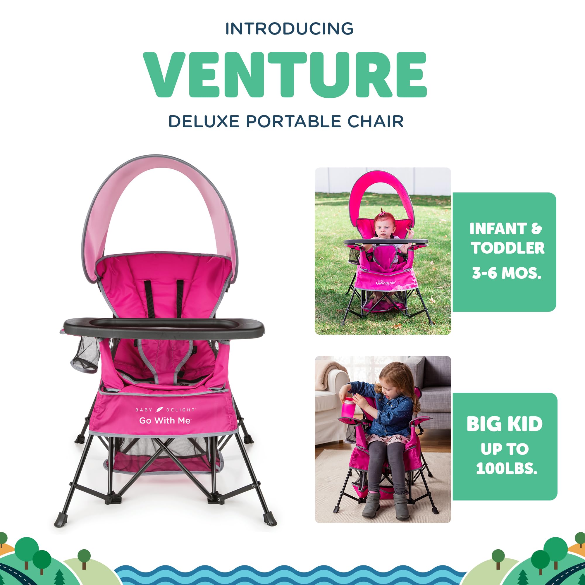 Baby Delight Go With Me Venture Chair pink 5-point harness keeps baby secure