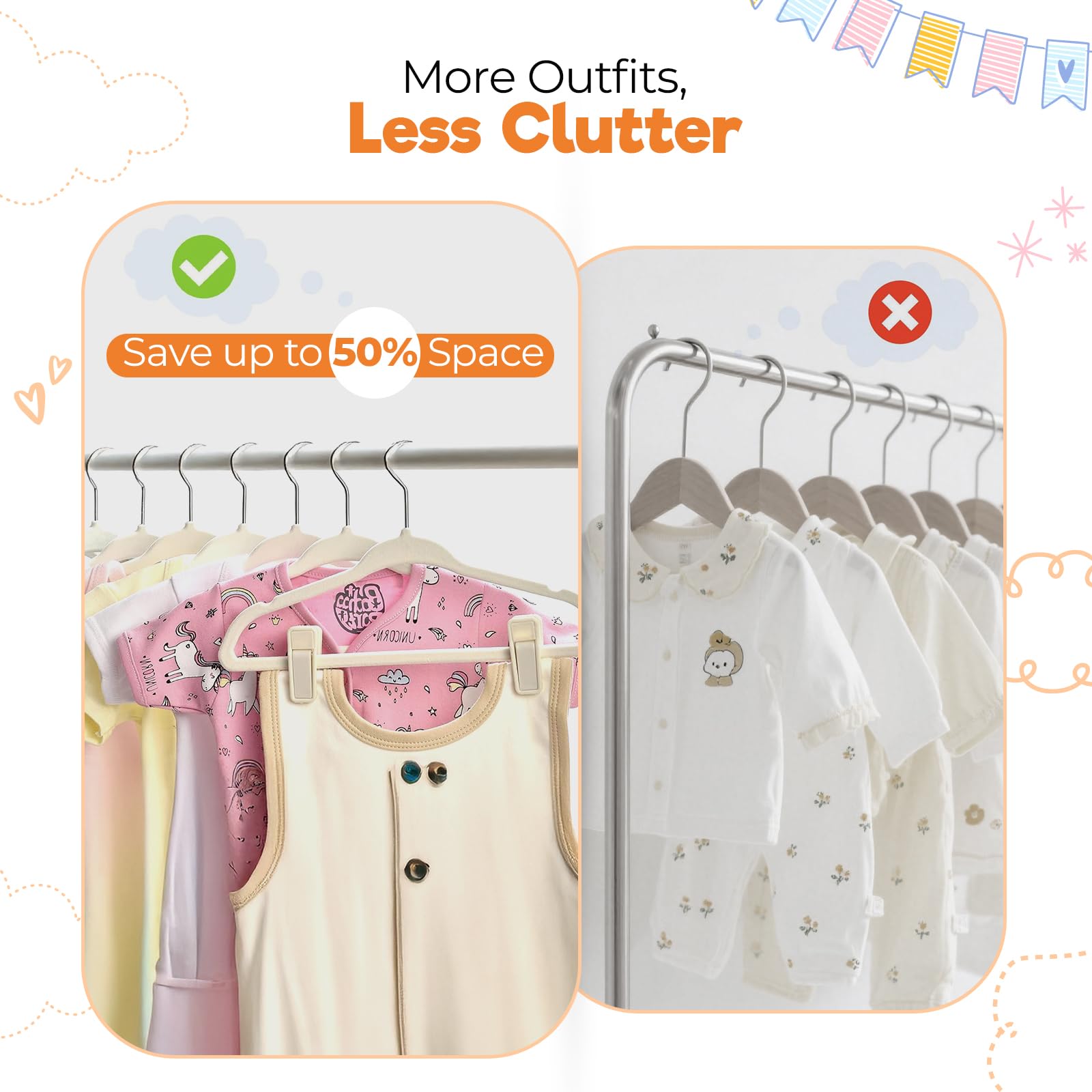 BABYRISH 11-inch slim velvet hangers maximize nursery closet space.