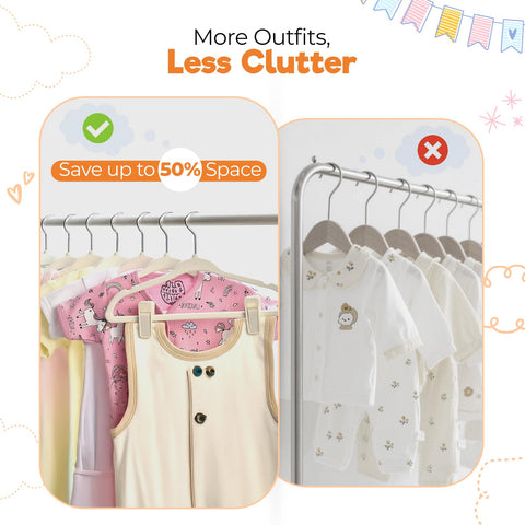 BABYRISH 11-inch slim velvet hangers maximize nursery closet space.