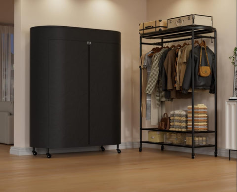 BACEKOLL clothes rack bottom shelves organize boxes, shoes, and folded garments.