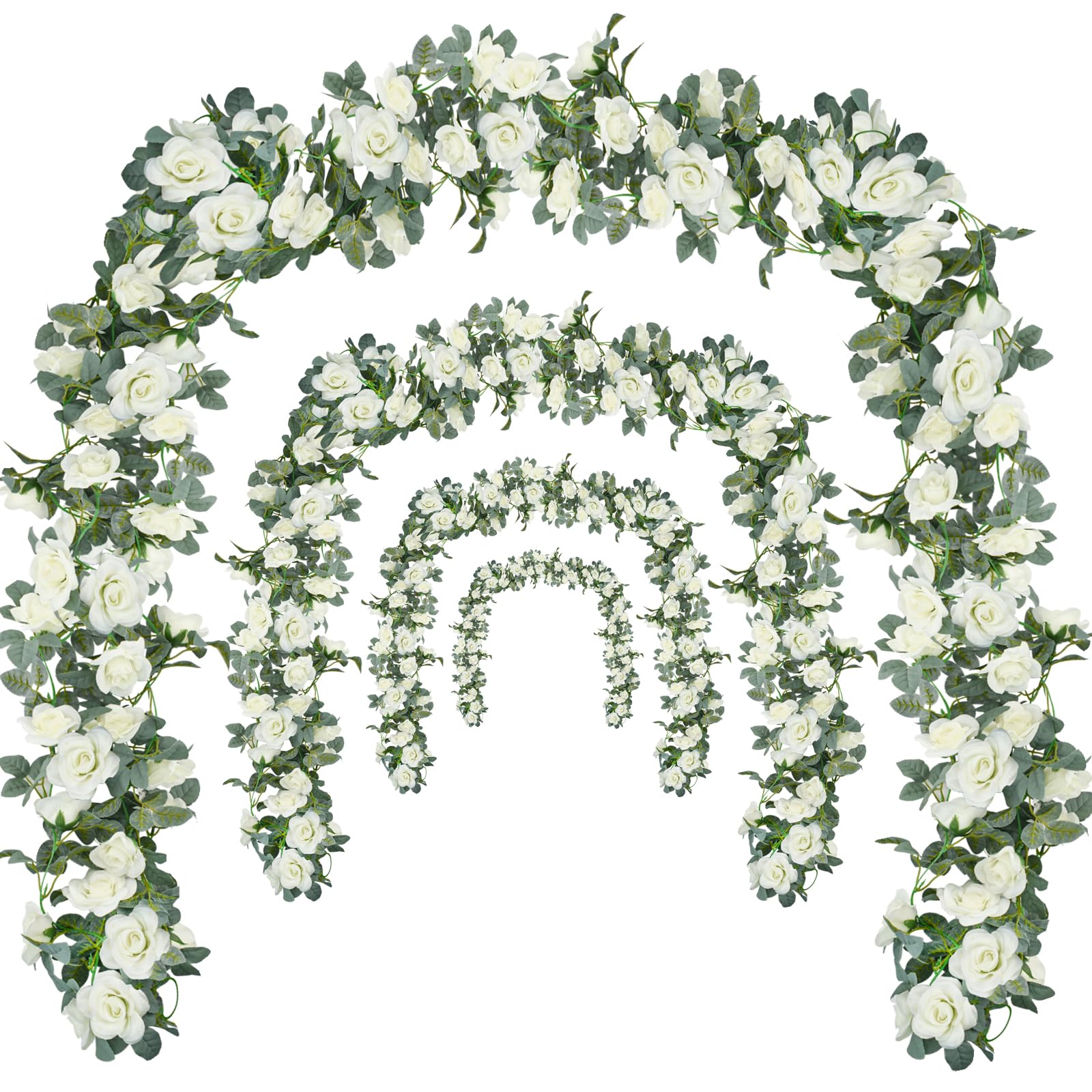 Bacucine white rose garland on arch for wedding arches and backdrops.