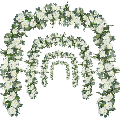 Bacucine white rose garland on arch for wedding arches and backdrops.