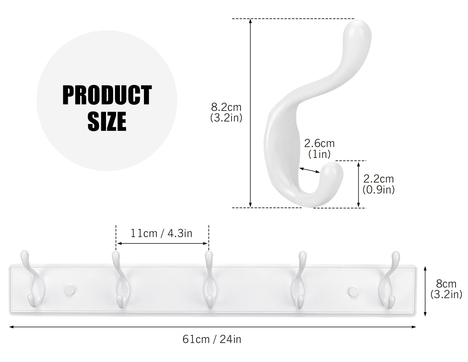 Badiano wooden coat rack, white 14-inch, wall-mounted, sturdy storage for jackets and bags.