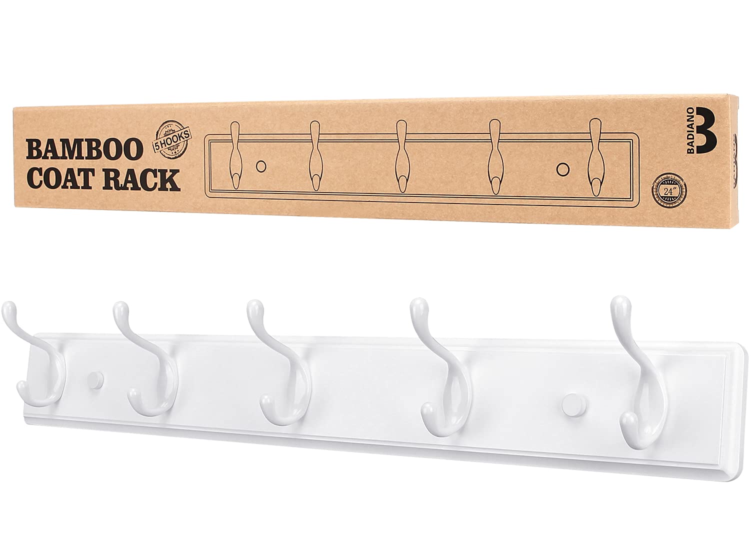Badiano wooden coat rack, white 9-inch, wall-mounted, holds towels and small accessories.
