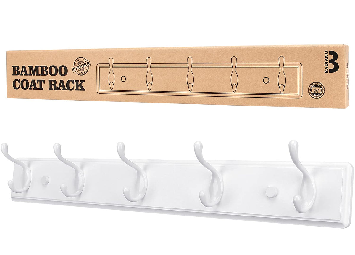 Badiano wooden coat rack, white 9-inch, wall-mounted, holds towels and small accessories.
