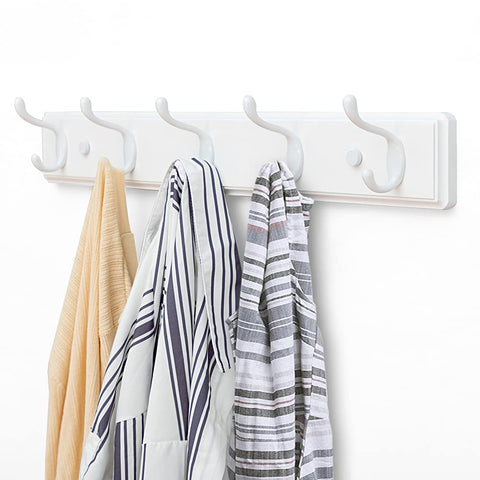 Badiano wooden coat rack, white, closeup of double hooks showing rustproof hardware.