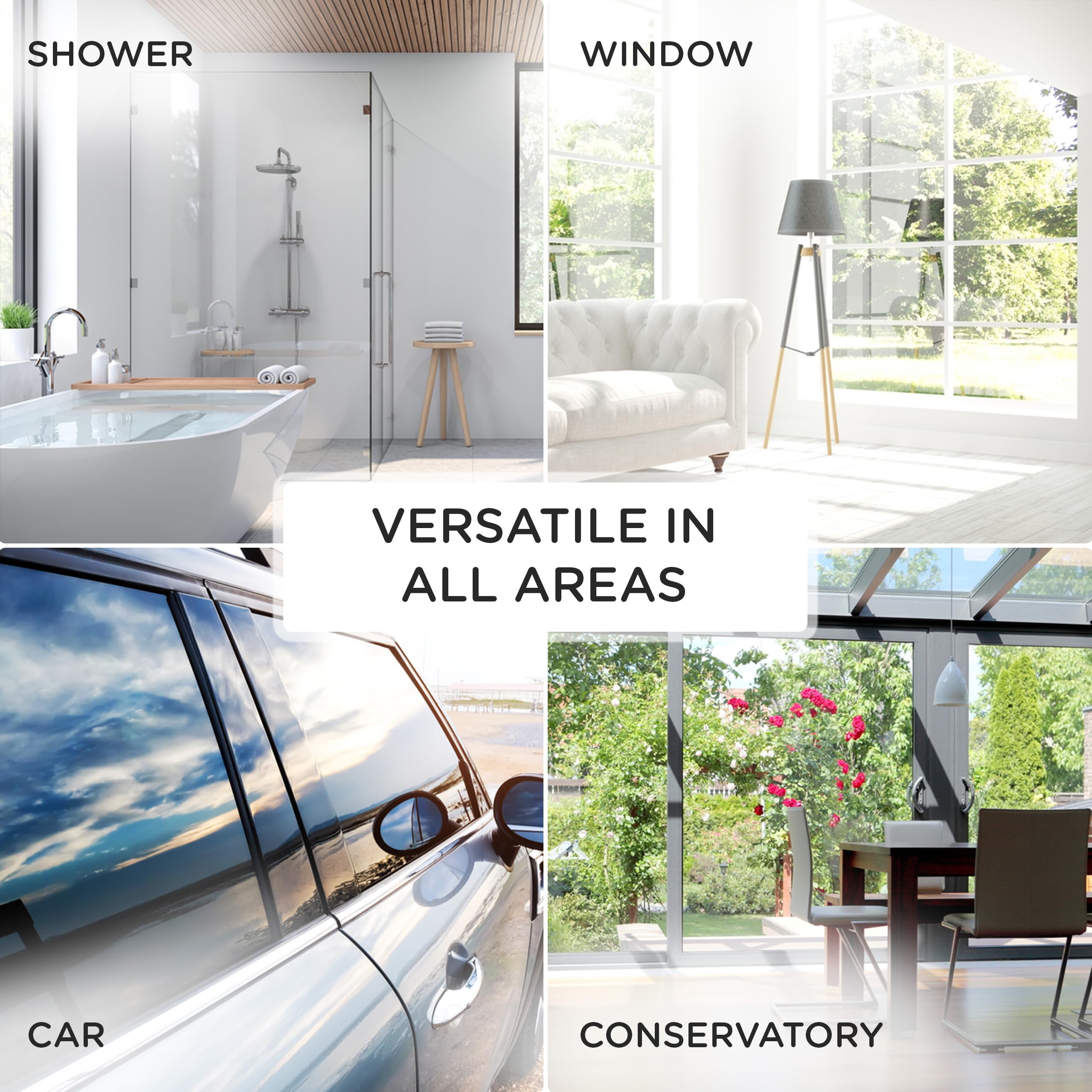 Badiona in-use view showing glass shower cleaning action.