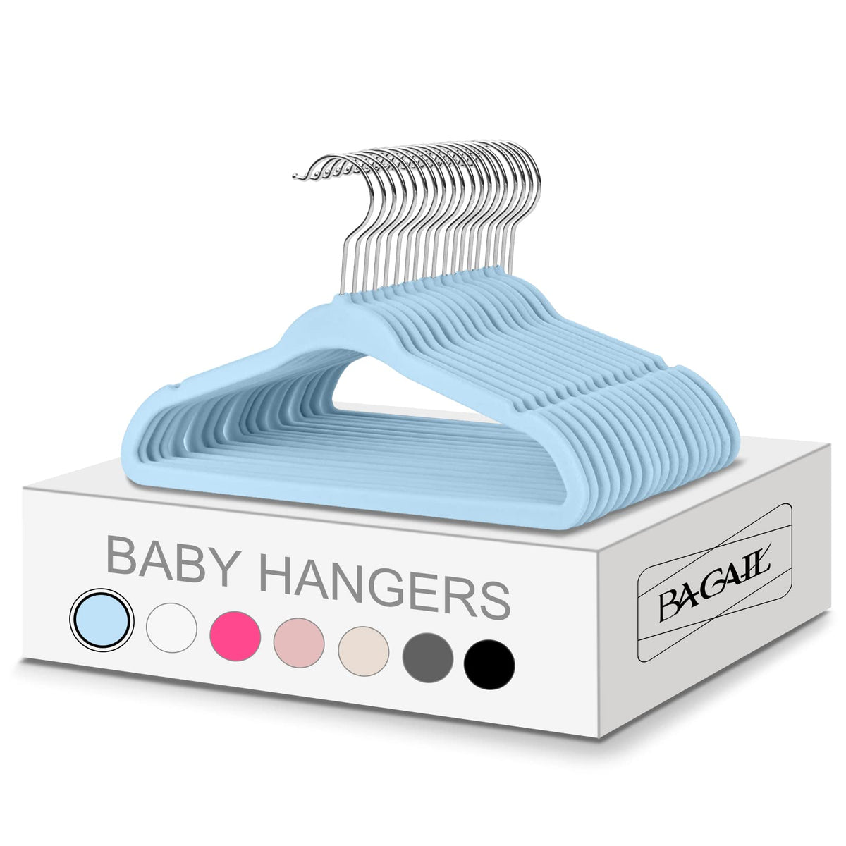 Bagail 50-pack kids velvet hangers for tidy, lightweight garment organization.