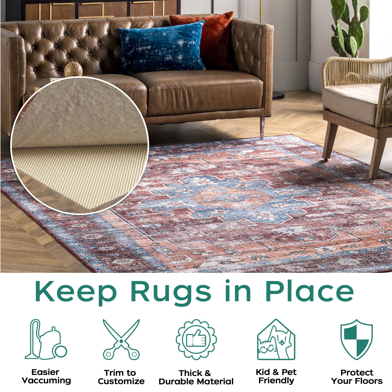 BAGAIL BASICS rug pad under rug on a clean floor demonstrates stable placement.