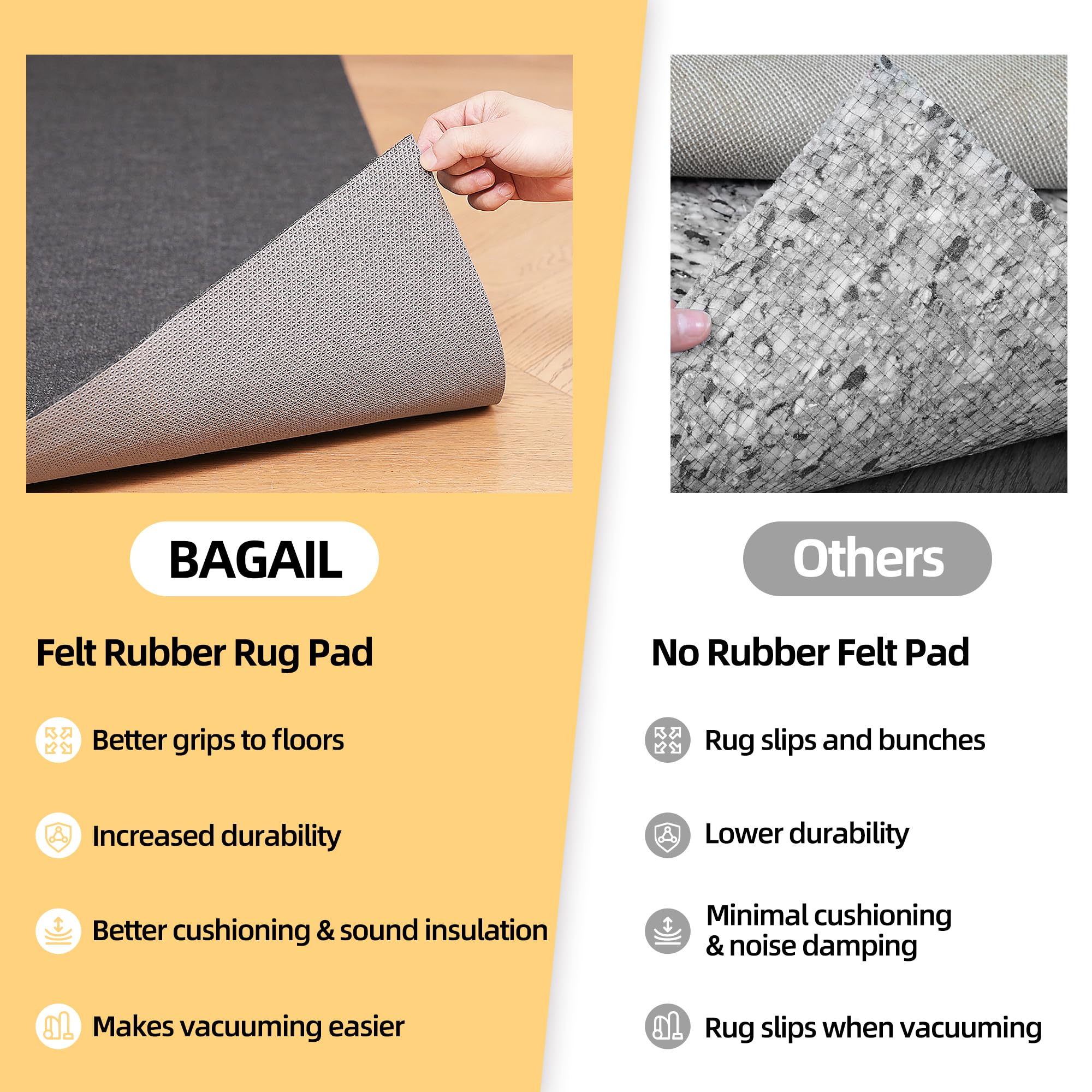 BAGAIL BASICS rug pad includes warranty and friendly customer support.