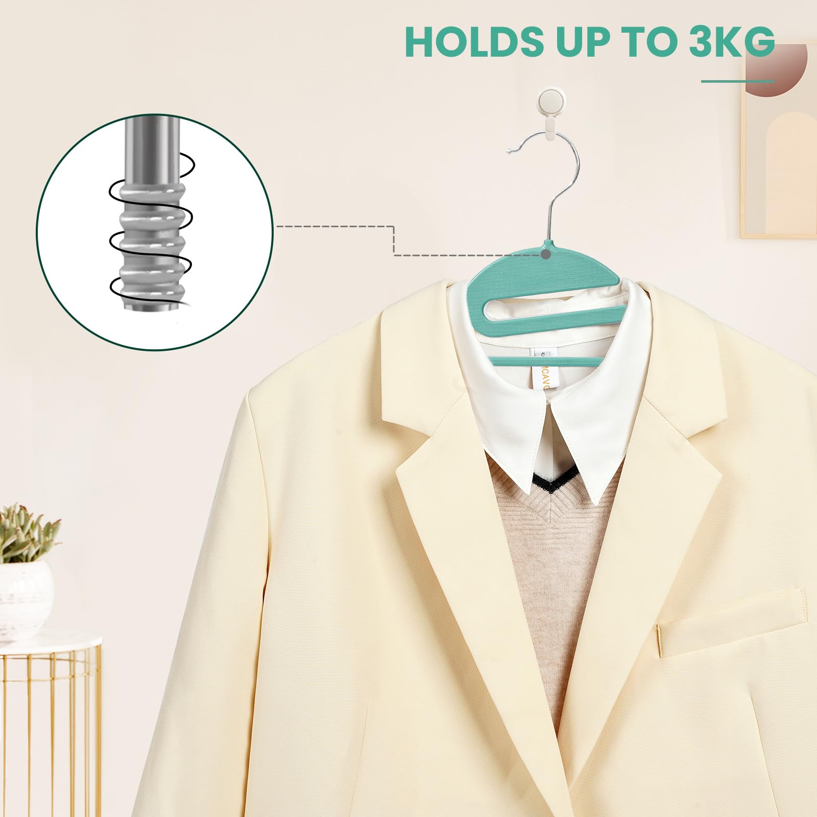 Dusty blue BAGAIL heavy duty hangers add calm aesthetics to bedrooms.