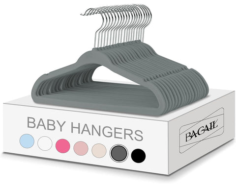 Bagail 11-inch gray velvet hanger front view with secure grip for delicate fabrics.