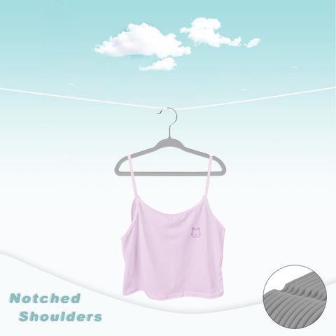 Bagail 11-inch gray velvet hanger close-up shows reinforced edge protecting garment shape.