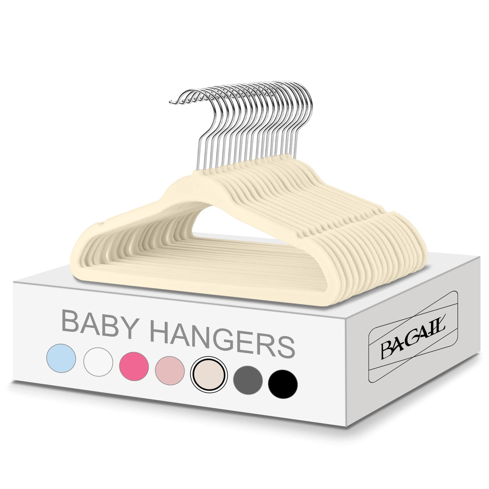 Bagail kids velvet hanger 11in ivory front view showing slim non-slip design for delicate garments