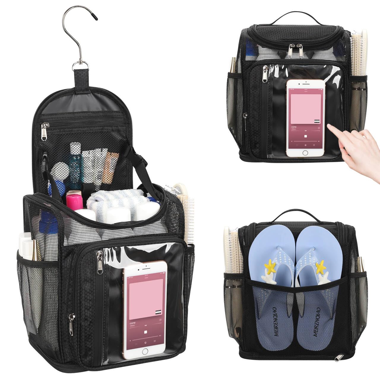 Bagmoly hanging shower caddy main compartment with elastic strap to secure items