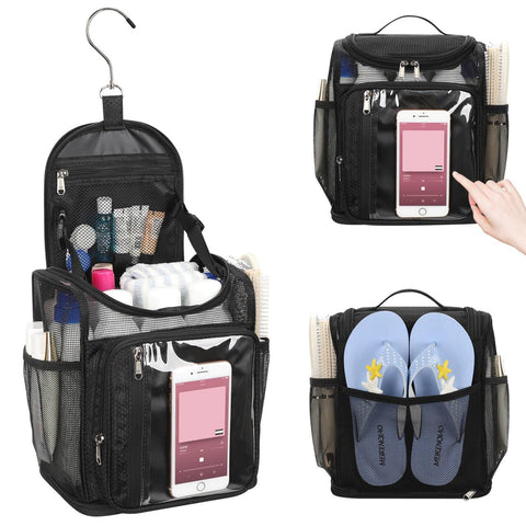 Bagmoly hanging shower caddy main compartment with elastic strap to secure items
