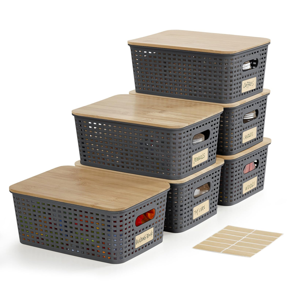 Bagnizer stackable storage bin with bamboo lid in gray for organized pantry and shelves.