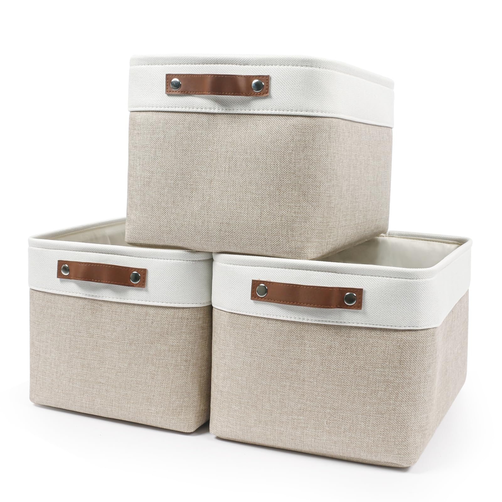 Bagnizer large beige storage bin front view helps tidy shelves.