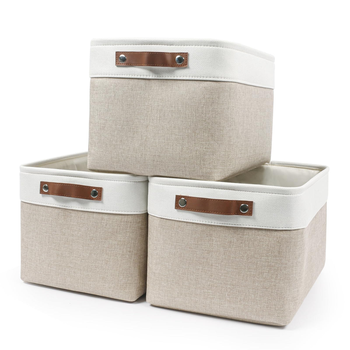 Bagnizer large beige storage bin front view helps tidy shelves.
