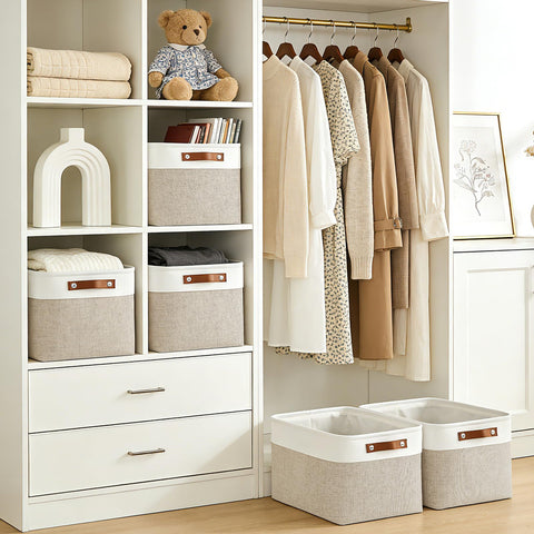 Bagnizer large beige bin side view with sturdy handles for easy carrying.