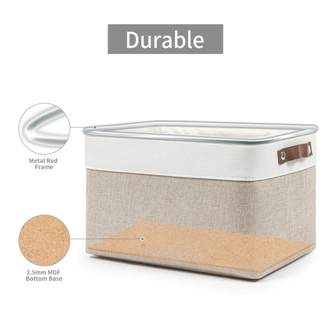 Bagnizer bin with leather handles for easy extraction from shelves.