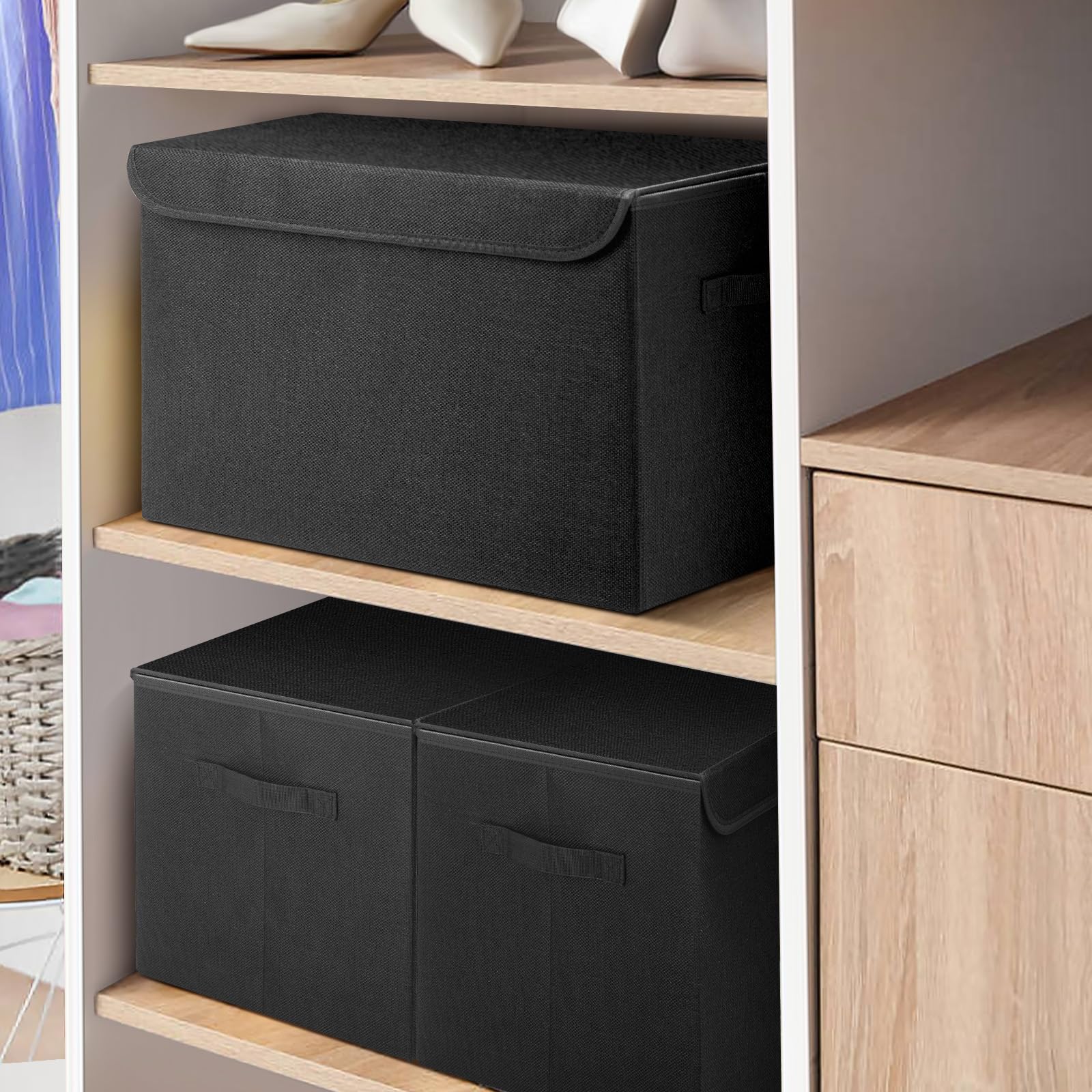 Bagnizer closet organizer bin fits blankets, clothes, and towels.