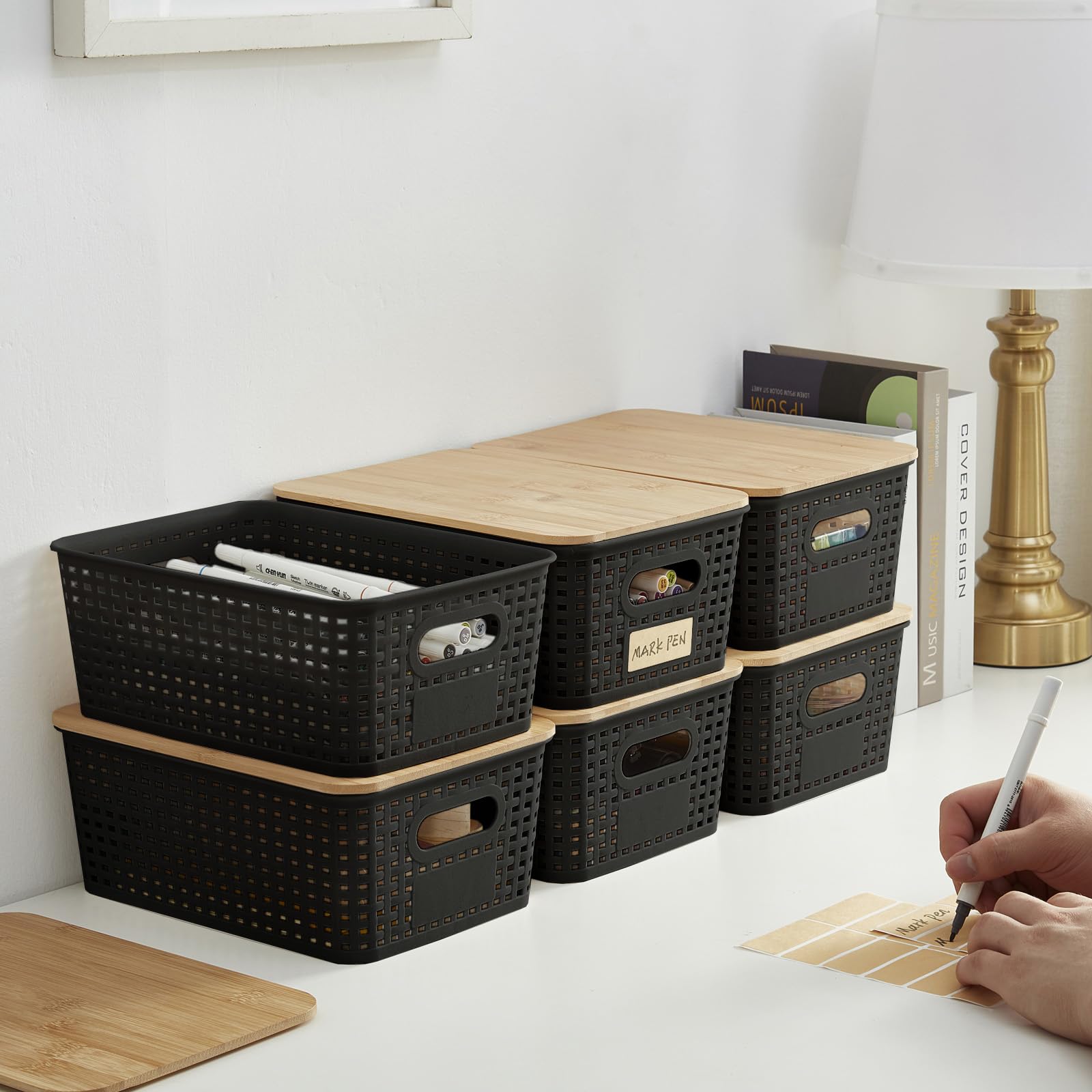 Bagnizer decorative black storage bin on desk, organized workspace.