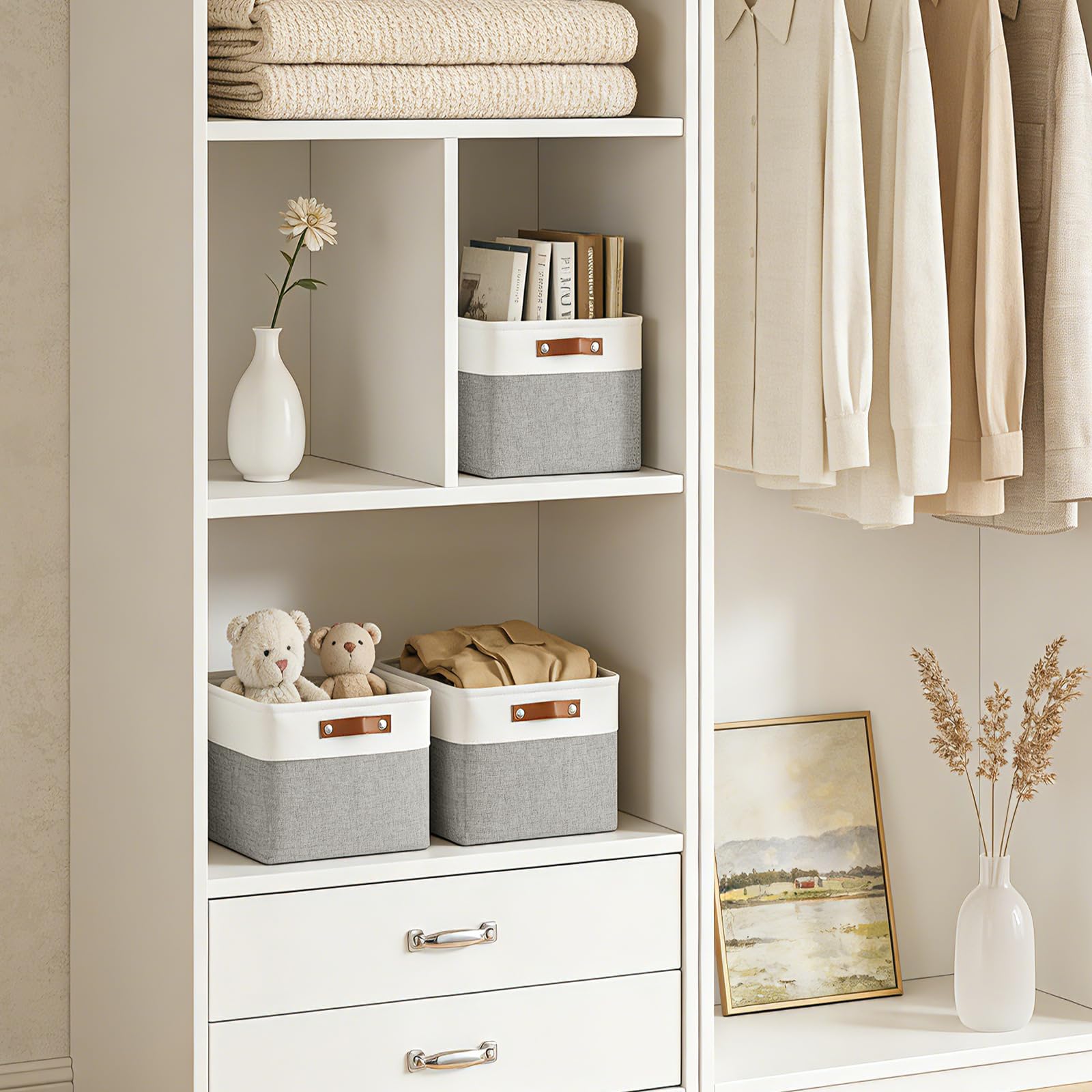 Bagnizer fabric storage cubes with sturdy frame for durable shelf organization.