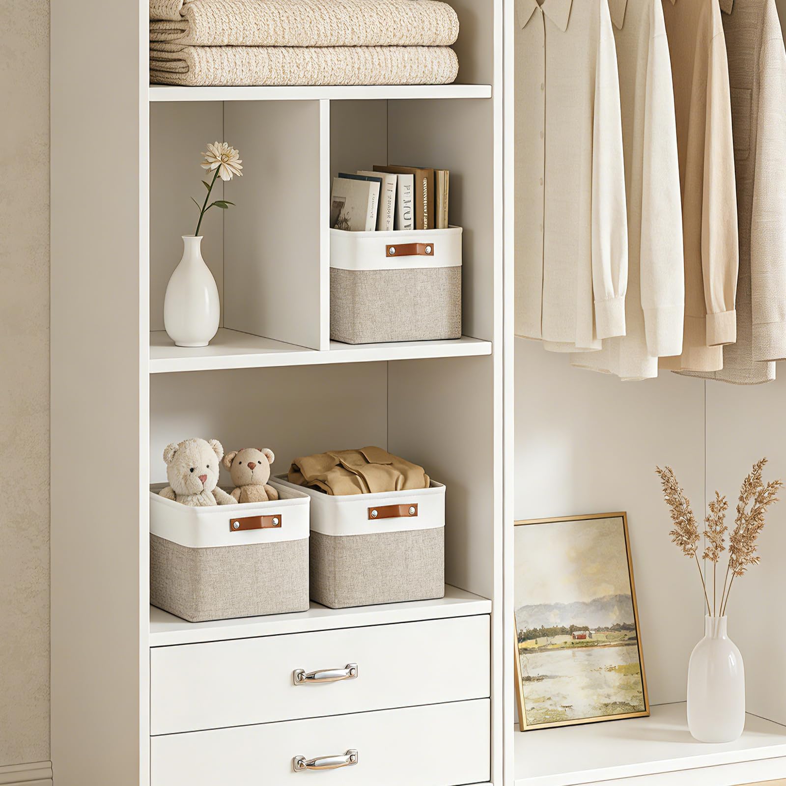 Bagnizer four-pack beige and white storage bins ideal for closet organization.