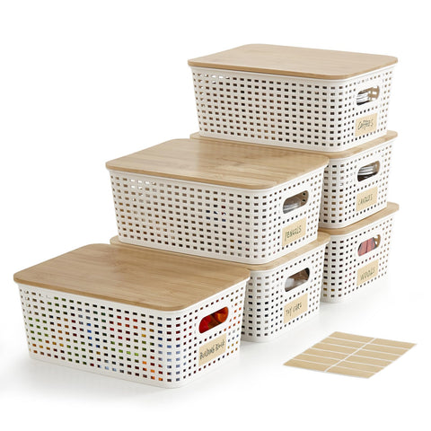 Bagnizer small bin with bamboo lid ideal for six-pack storage and organization.