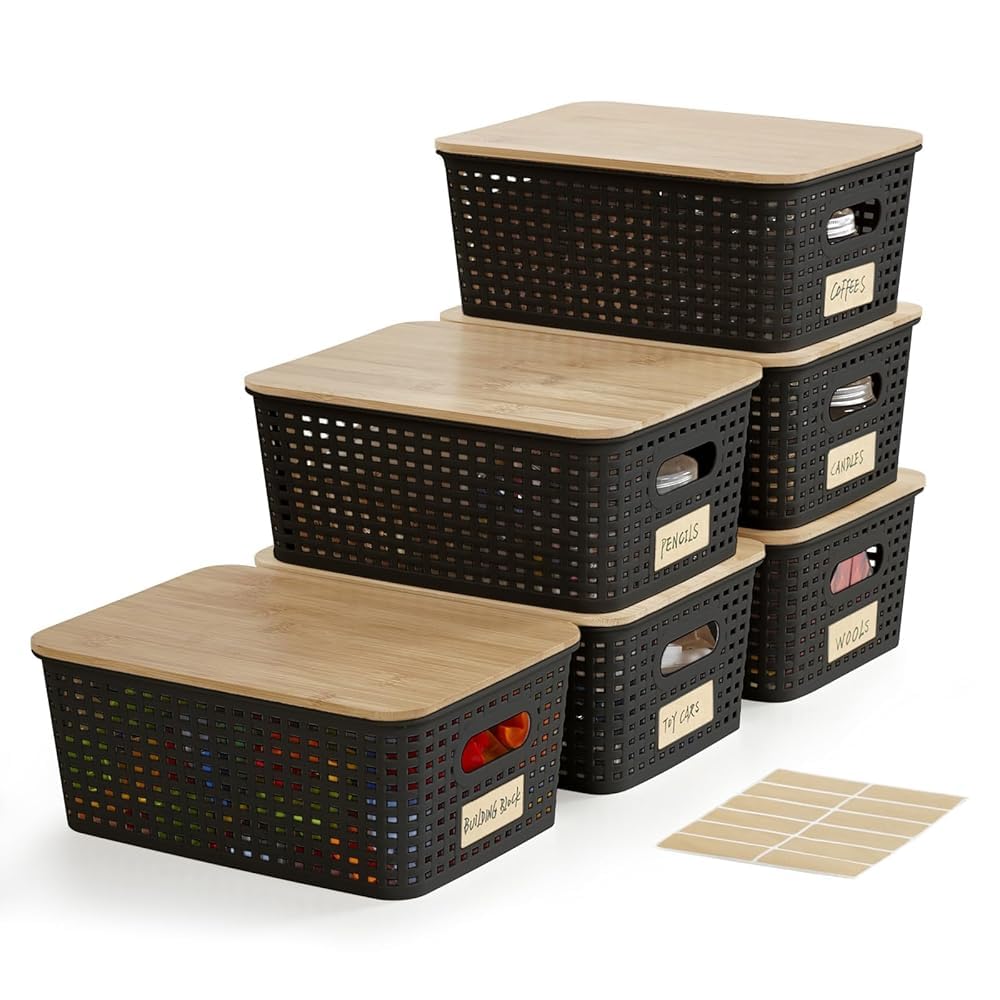 Bagnizer small bin with bamboo lid, front view, showcasing compact, stackable storage.