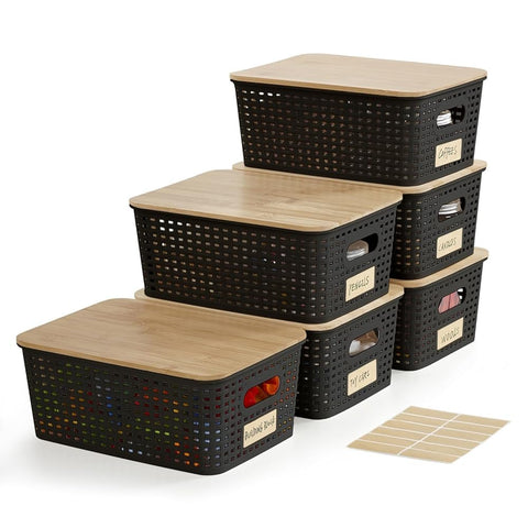 Bagnizer small bin with bamboo lid, front view, showcasing compact, stackable storage.