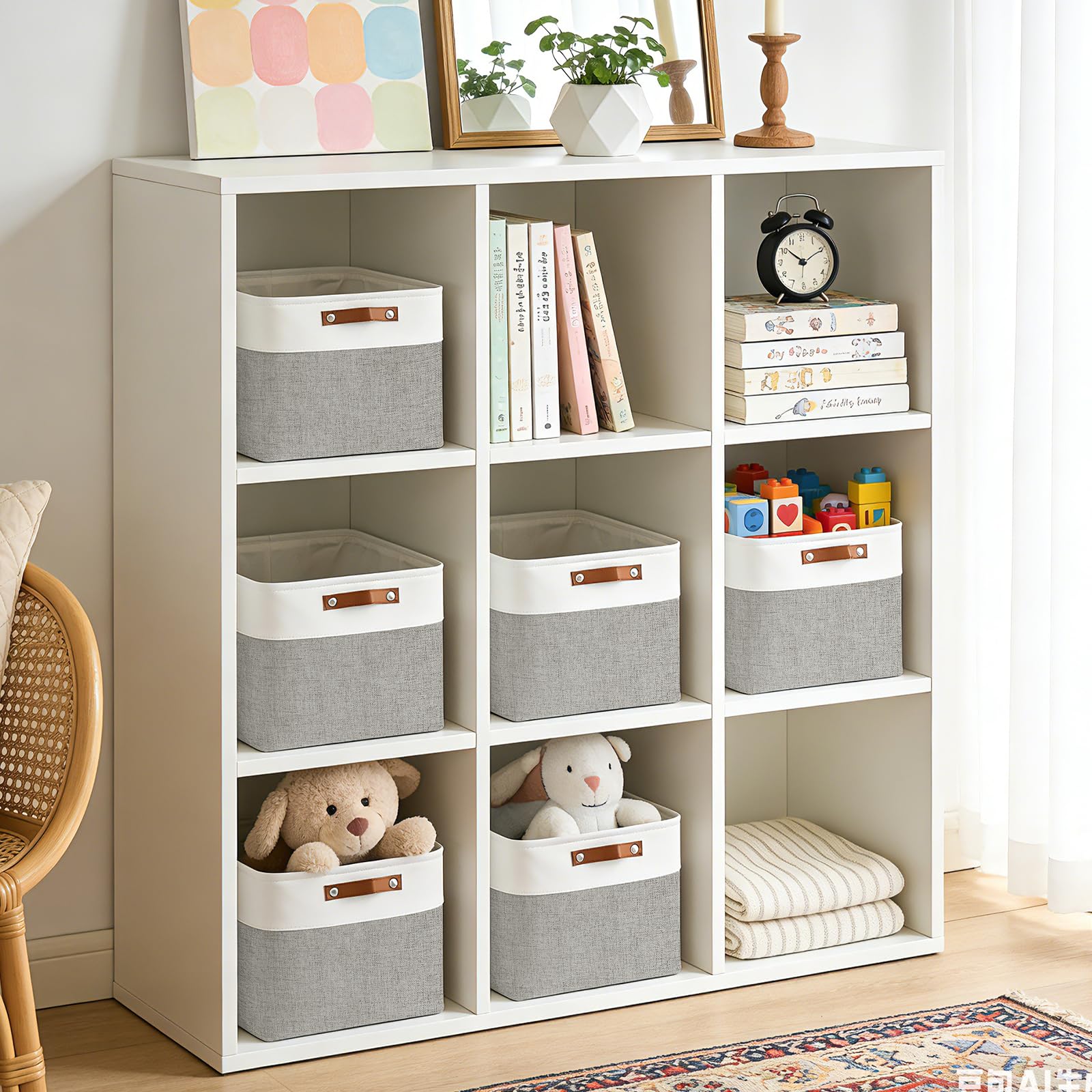 Bagnizer storage cube with leather handles for easy transport between rooms.