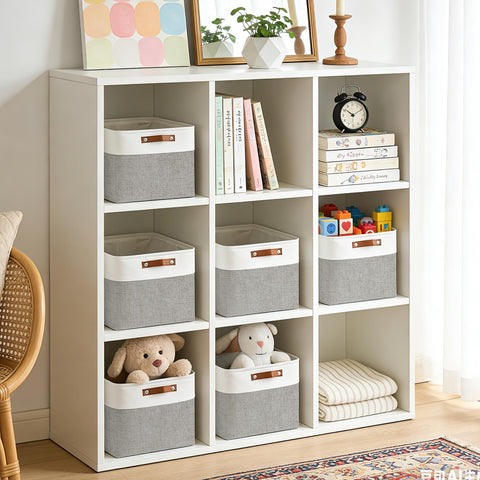 Bagnizer storage cube with leather handles for easy transport between rooms.