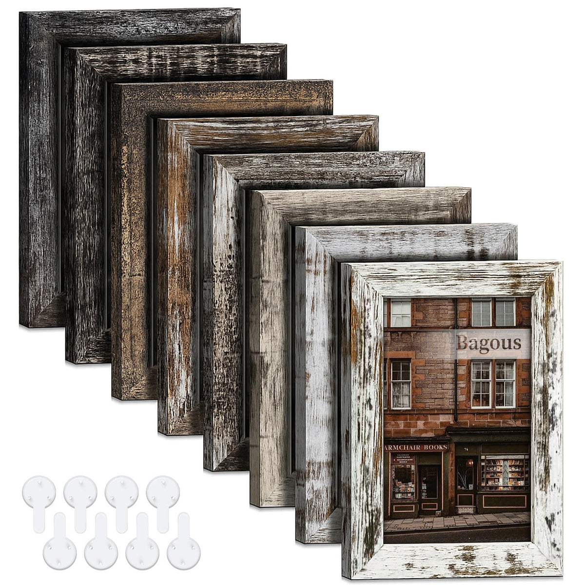 Bagous 4x6 picture frame set with vintage wood tones for shelf display.