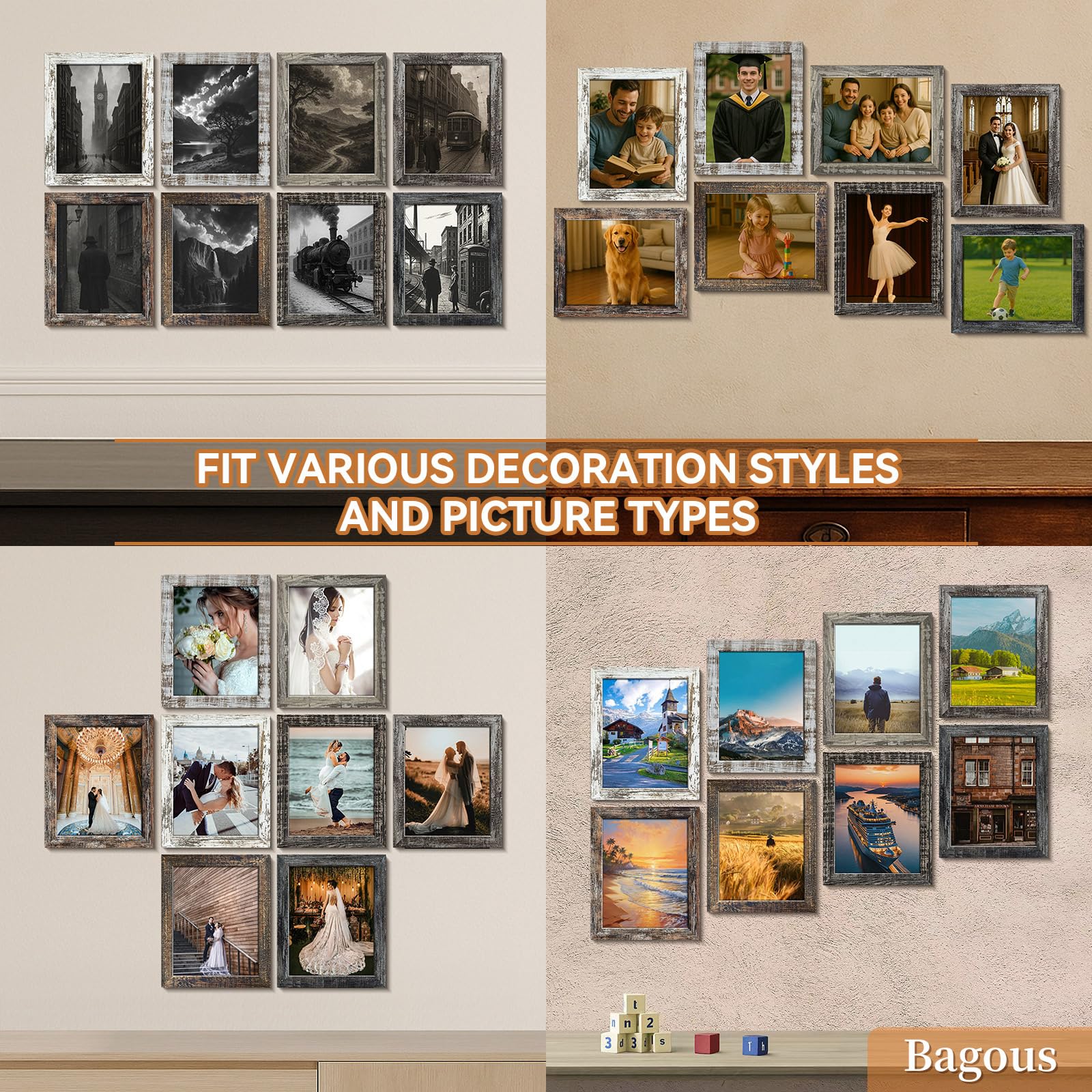 Bagous 8x10 frame shown on wall or tabletop for flexible display