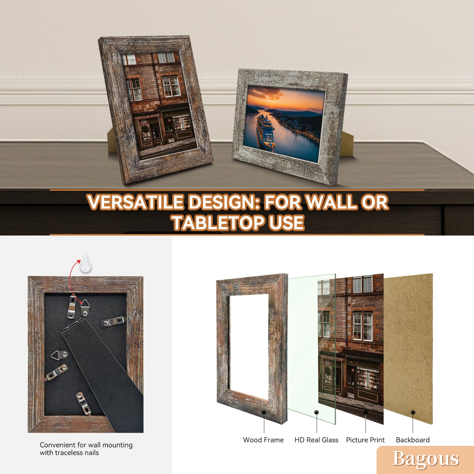 Bagous vintage frames suitable for wall hanging or tabletop display.