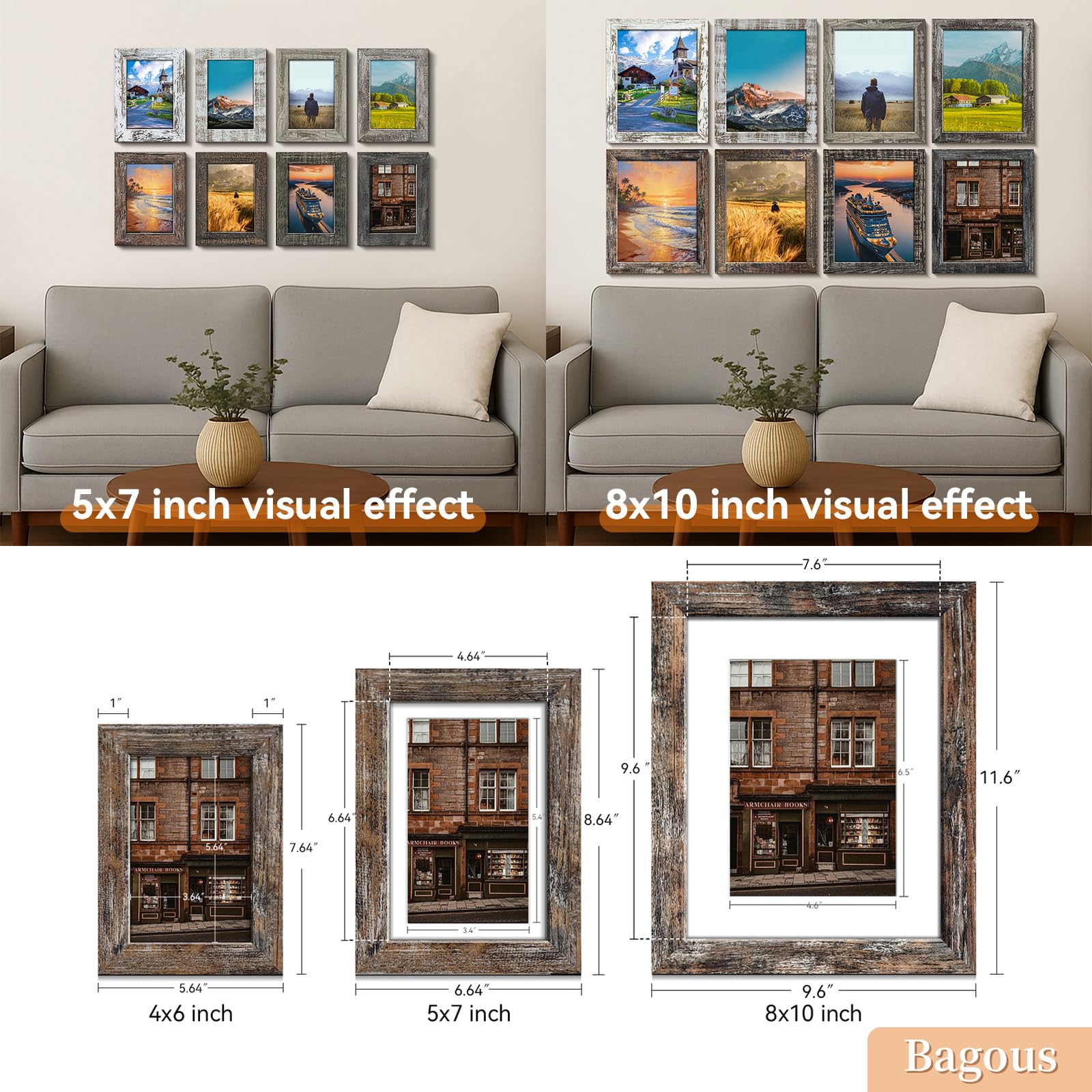 Bagous 8x10 frames with wall nails for secure vertical or horizontal hanging