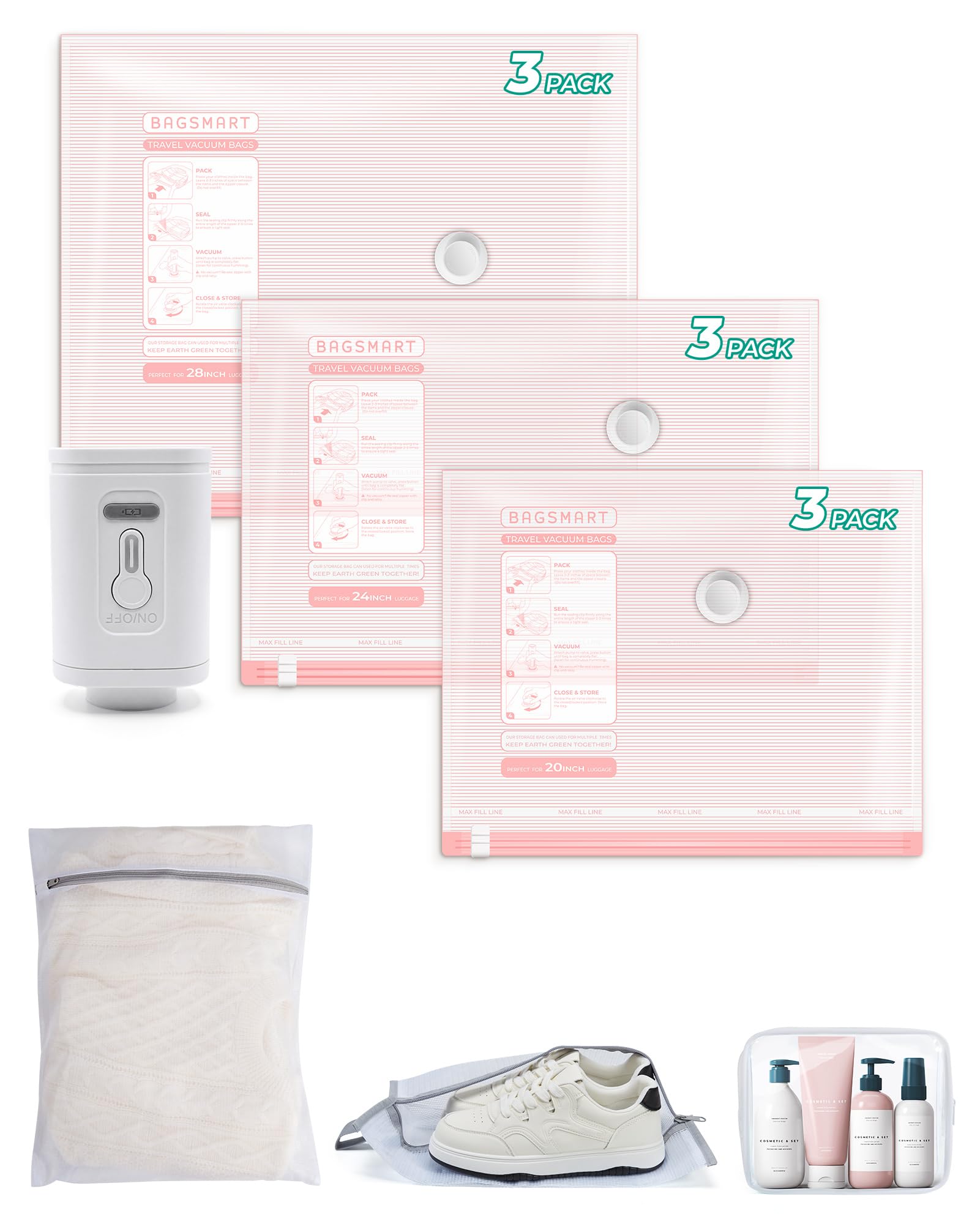 BAGSMART 12-pack pink travel vacuum bags in three sizes for organized packing.