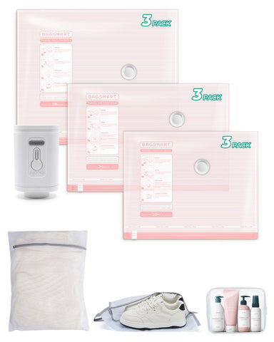 BAGSMART 12-pack pink travel vacuum bags in three sizes for organized packing.