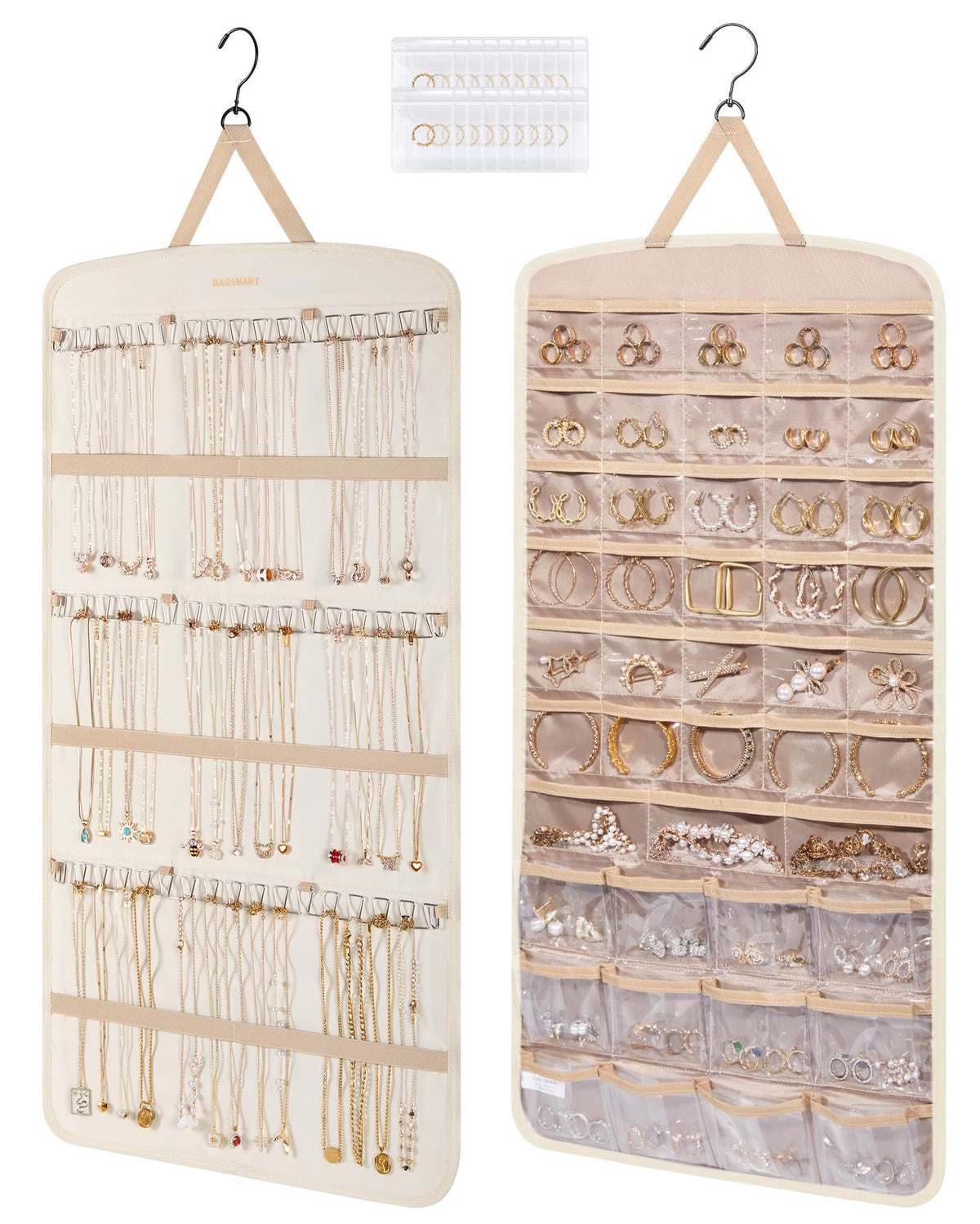 BAGSMART Hanging Jewelry Organizer front view showing ample pockets for rings and earrings.