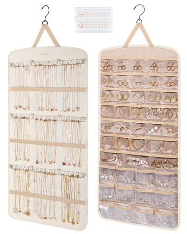 BAGSMART Hanging Jewelry Organizer front view showing ample pockets for rings and earrings.