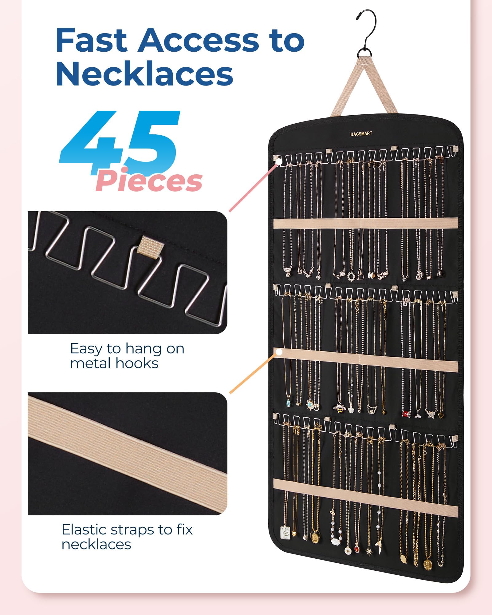BagSMART side view with three rows hooks for easy necklace access