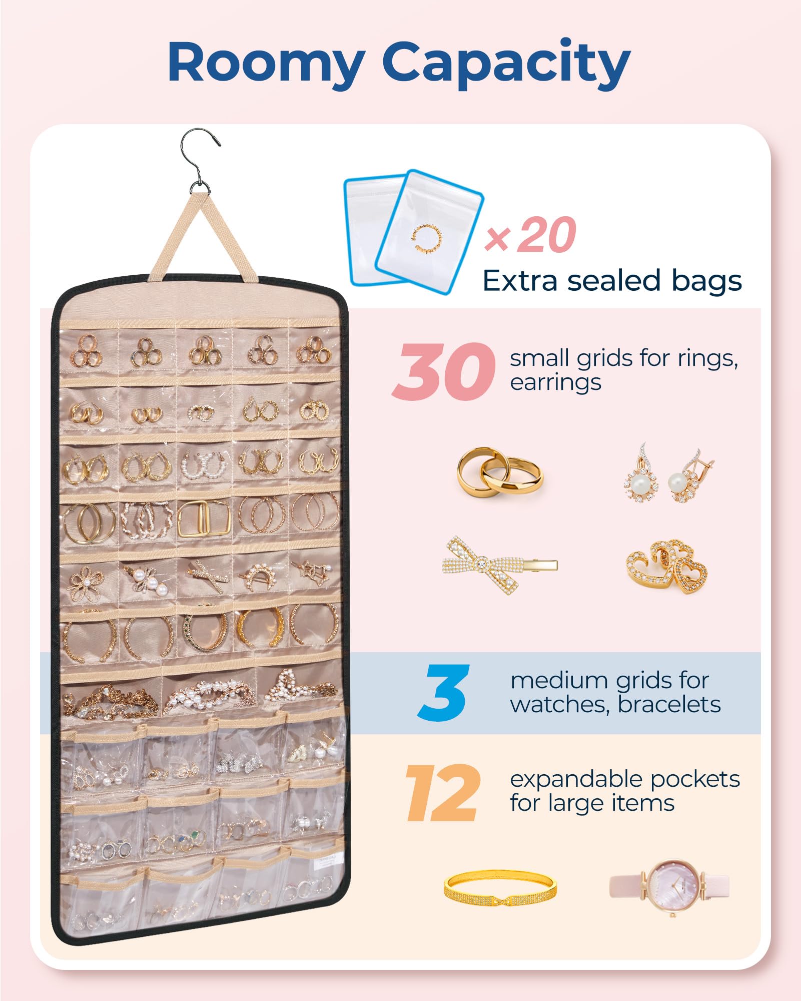 BagSMART transparent pockets with anti-tarnish bags for safe storage