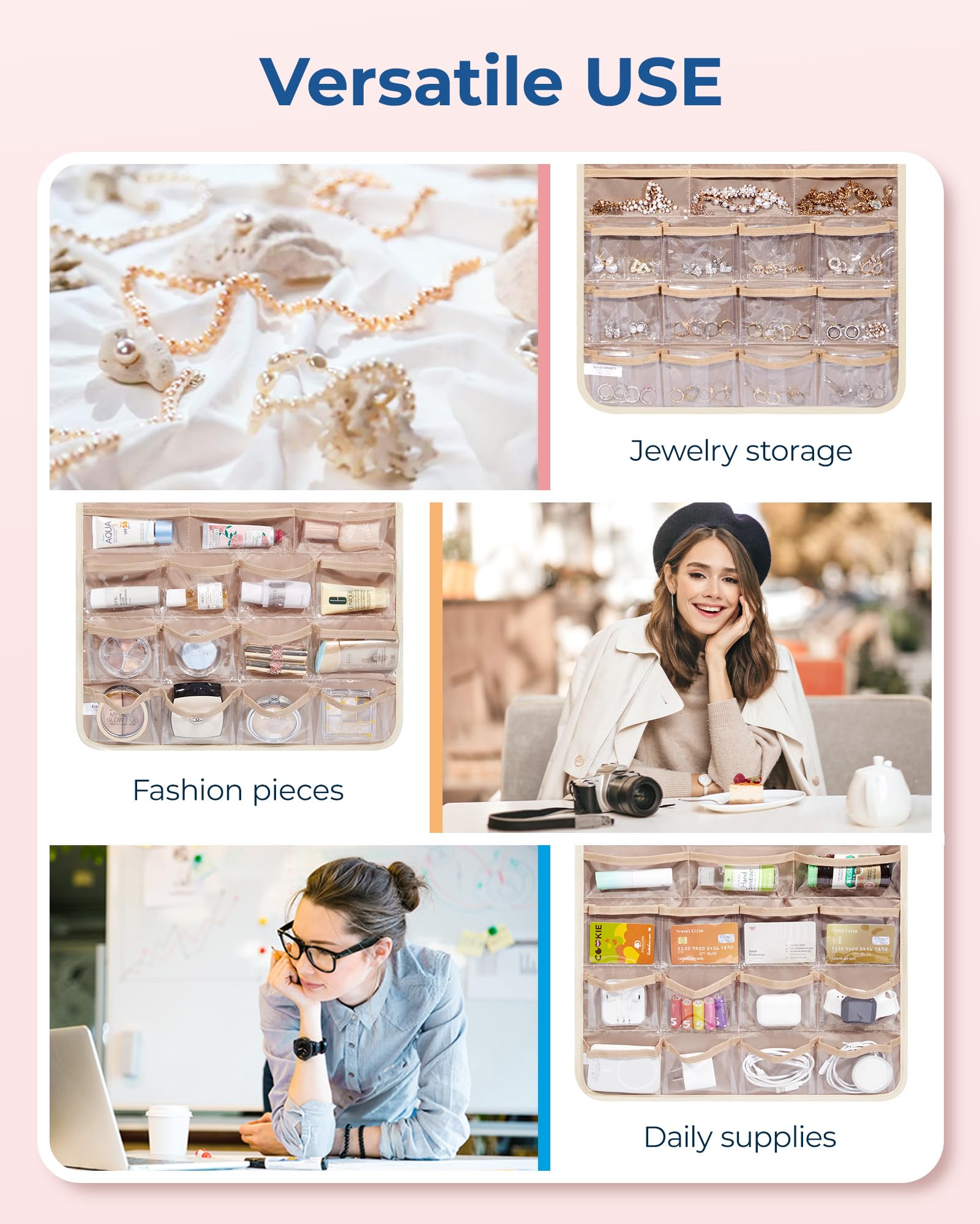 Mountable organizer on closet, door, or wall saving space.